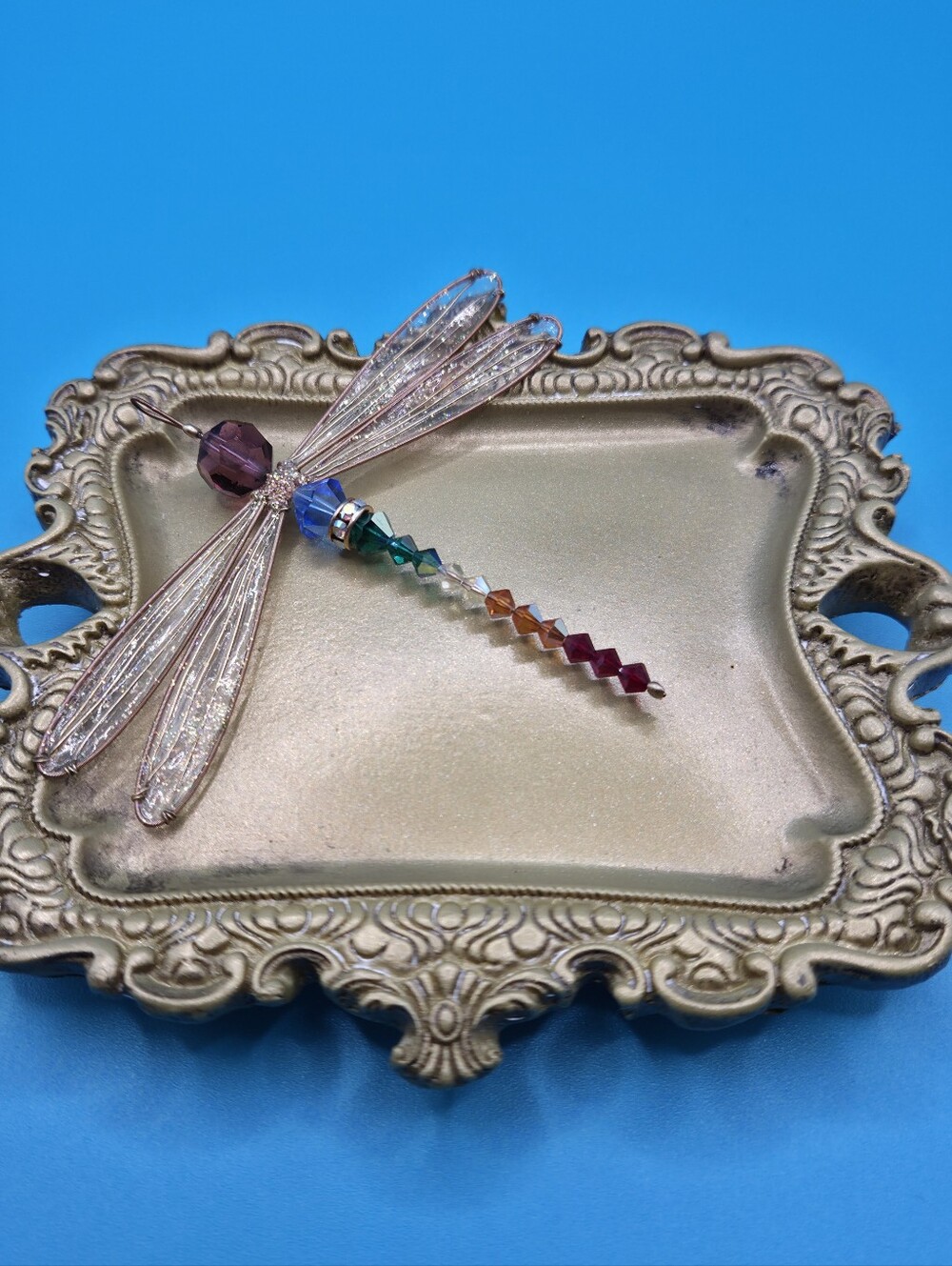 7 Chakra Swarovski Crystal Dragonfly Pendant Rainbow Suncatcher Gold Tone 3.5" - Picture 9 of 16
